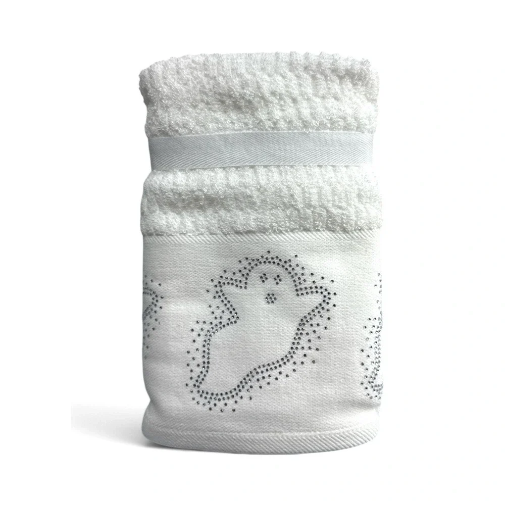 Casaba Halloween Hand Towels Set of 2 – White with Ghost Rhinestones – OEKO-TEX®
